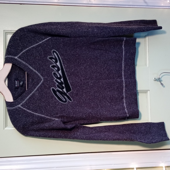 Guess Sweaters Womens Guess Vneck Charcoal Grey Sparkle Logo